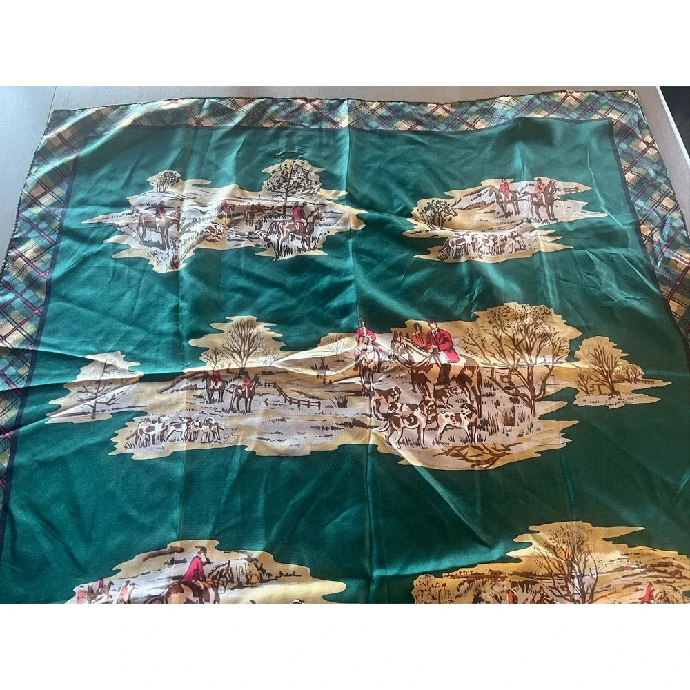 Vintage Equestrian Scarf Fox Hunt Plaid Satin Scarf‎ Green Preppy Classic Horse